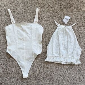 Forever 21 White Eyelet Halter Top NWT & H&M White Structured Bodysuit